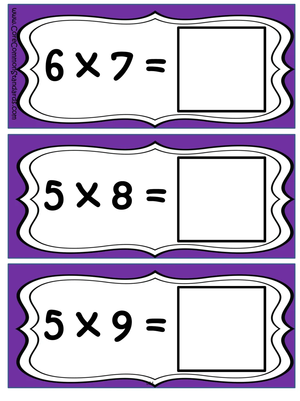 Multiplication problem cards 7–9 of the 12-card set: 6 × 7, 5 × 8, and 5 × 9, each with a missing product