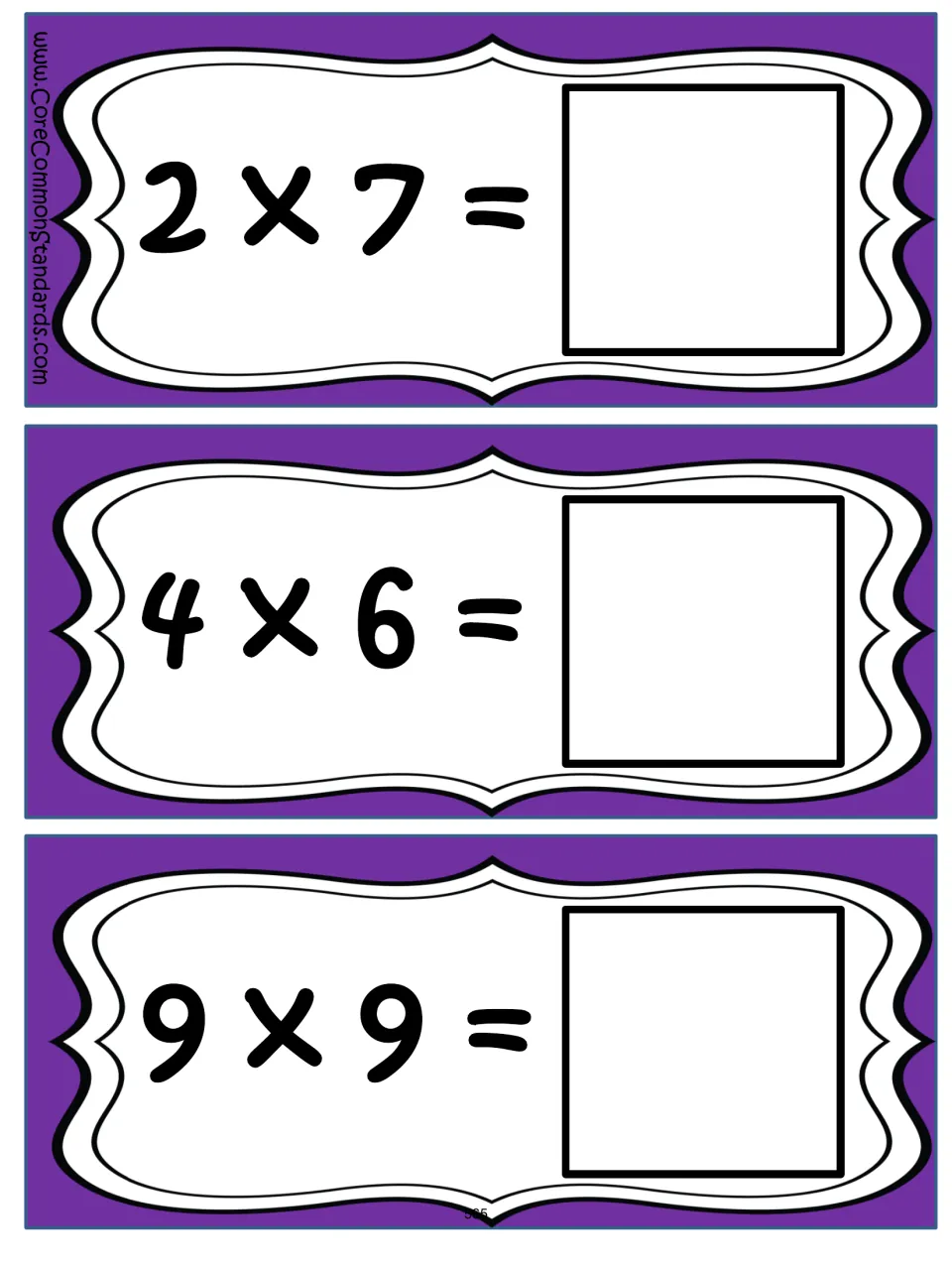 Multiplication problem cards 10–12 of the set: 2 × 7, 4 × 6, and 9 × 9, each with a missing product