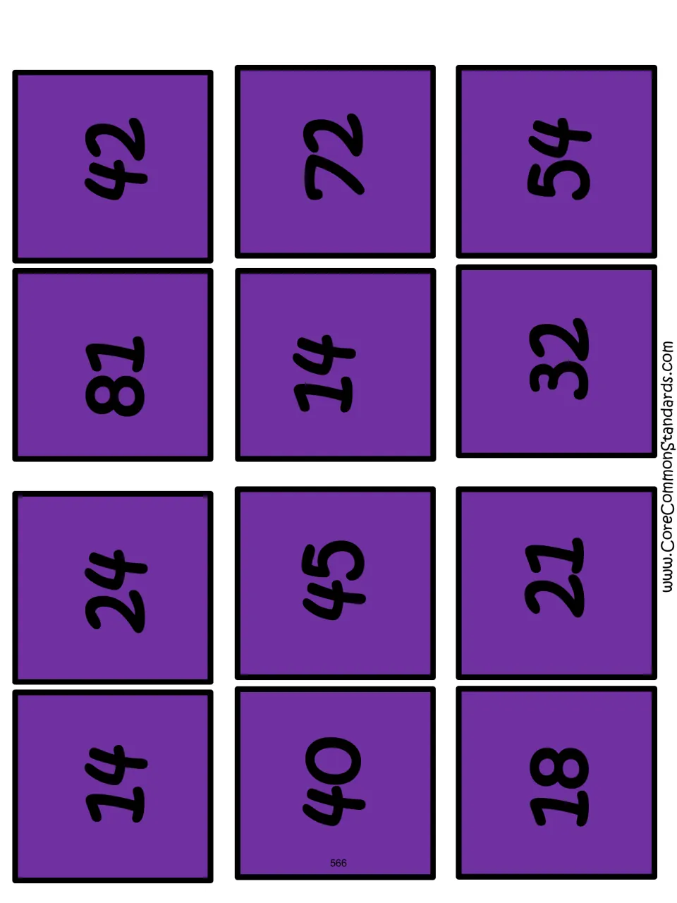 Twelve answer cards for multiplication matching: 14, 24, 81, 42, 40, 45, 14, 72, 18, 21, 32, and 54