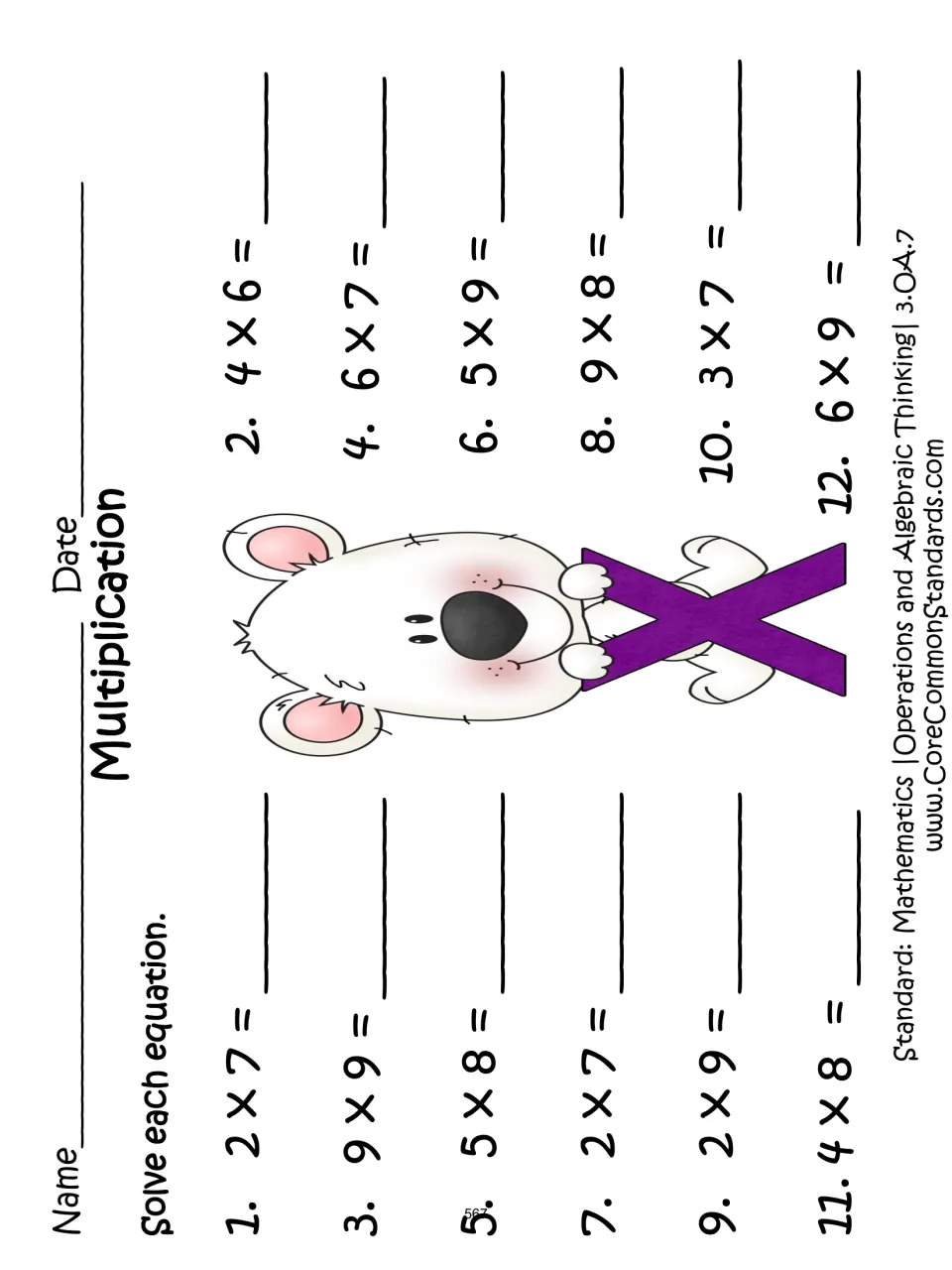 Multiplication recording sheet with 12 equations from the card set, including 2 × 7, 4 × 6, and 9 × 9