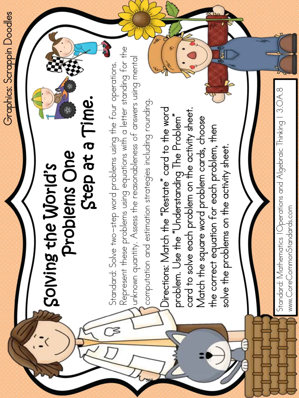Lesson directions: match restatement cards to word problems, use the strategy card, and choose equations