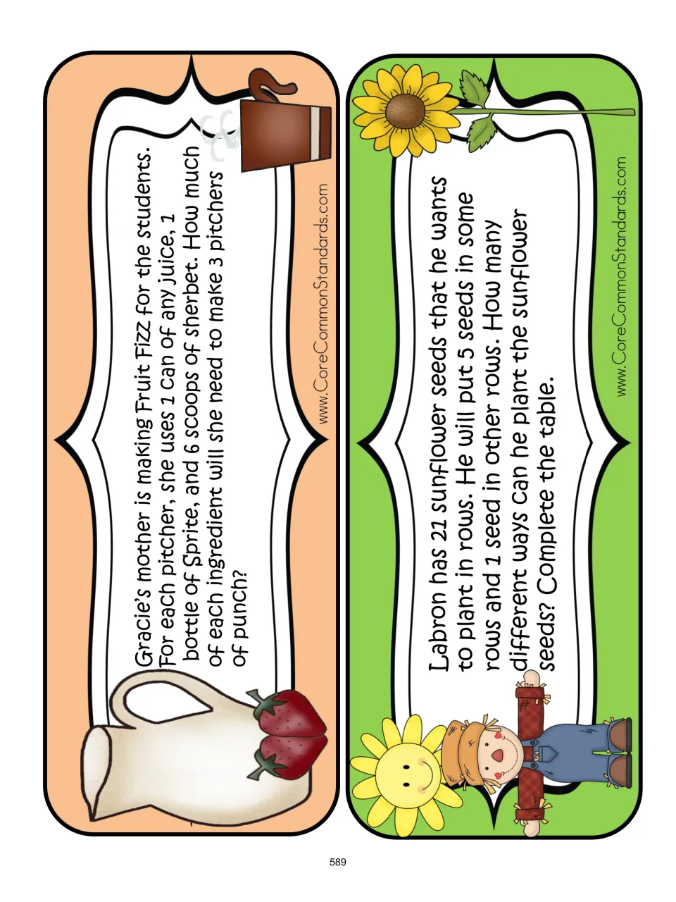 Word-problem cards: calculate ingredients for 3 pitchers of Fruit Fizz and arrange 21 sunflower seeds in rows