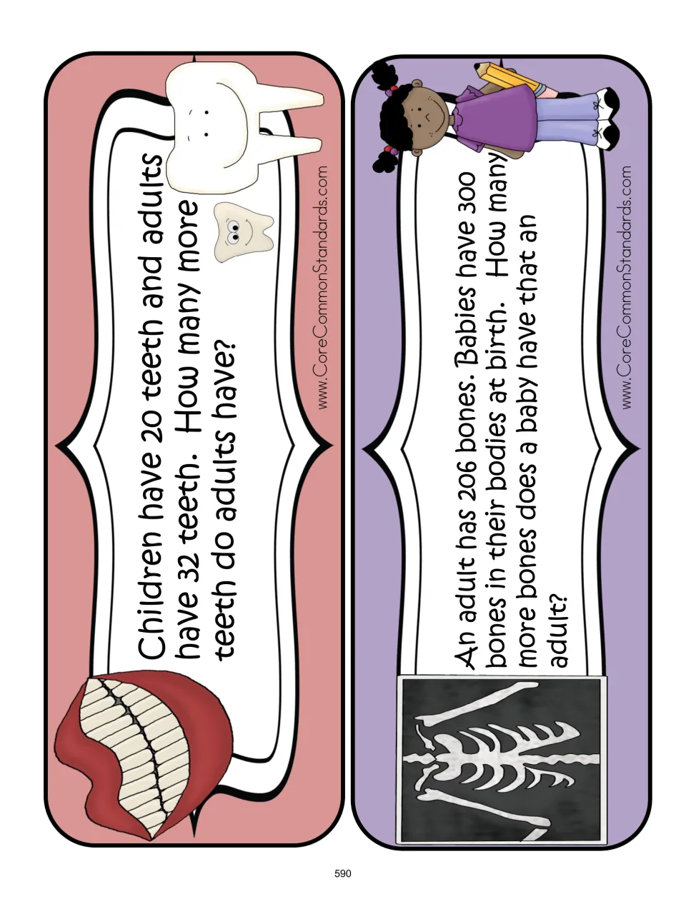 Word-problem cards: compare 20 children's teeth with 32 adult teeth and 300 baby bones with 206 adult bones