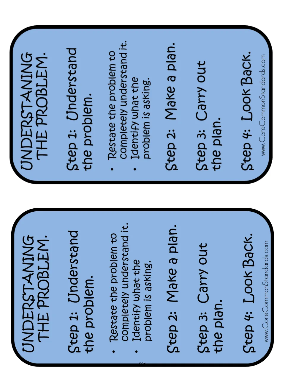 Two copies of the Understanding the Problem strategy card: understand, make a plan, carry it out, look back