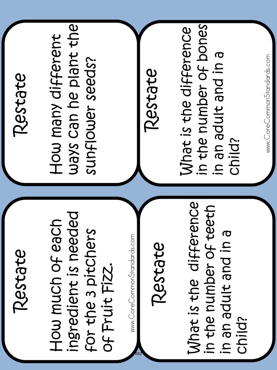 Four restatement cards ask about Fruit Fizz ingredients, sunflower planting ways, and teeth and bone differences