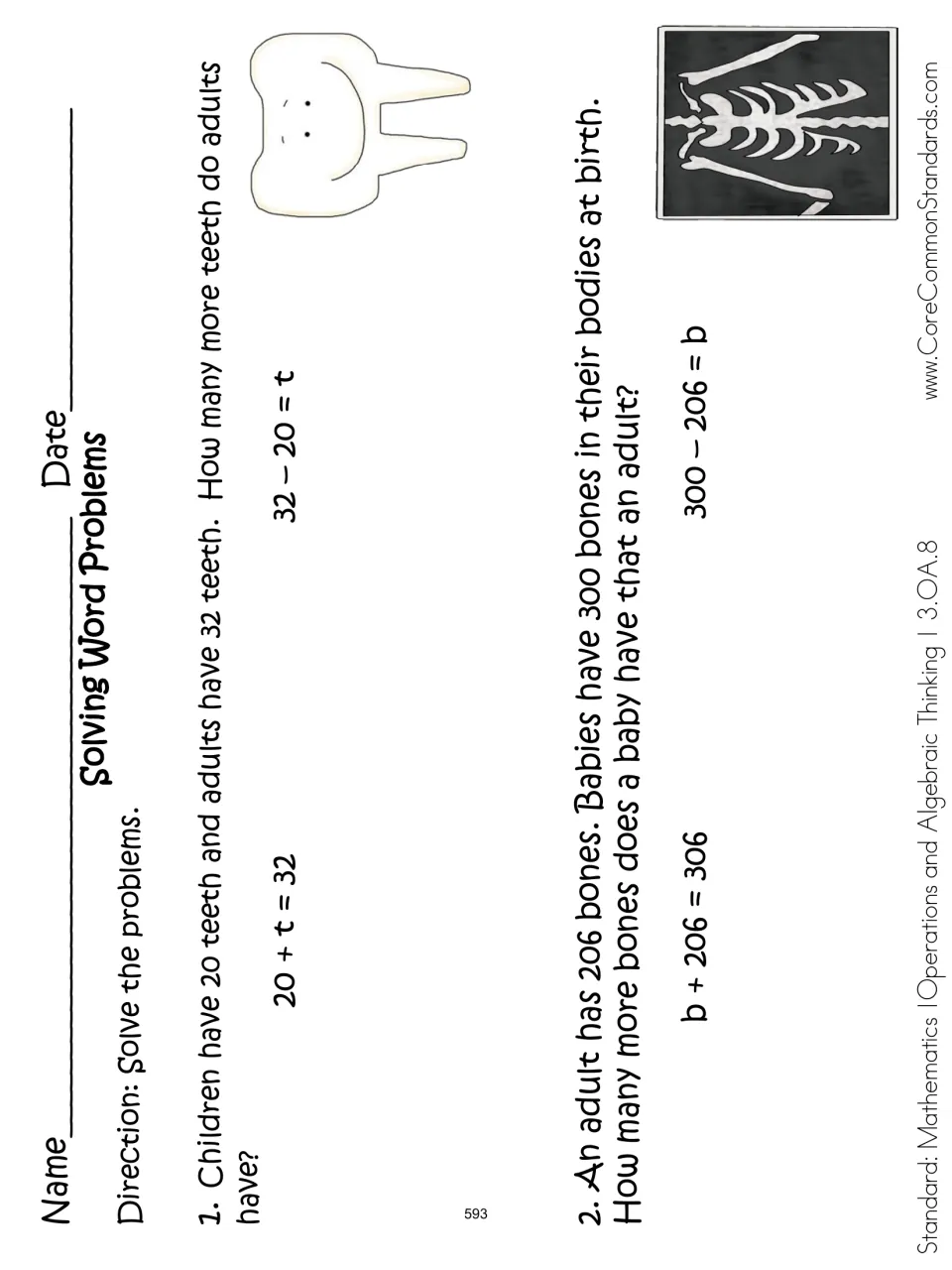 Word-problem practice sheet compares teeth and bones using equations with t and b for the unknown differences