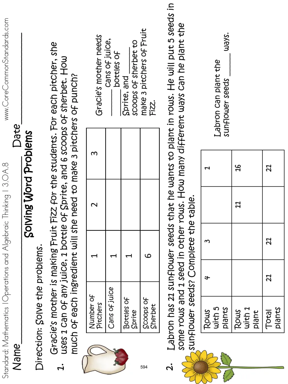 Word-problem practice sheet asks students to complete tables for 3 pitchers of punch and 21 sunflower seeds