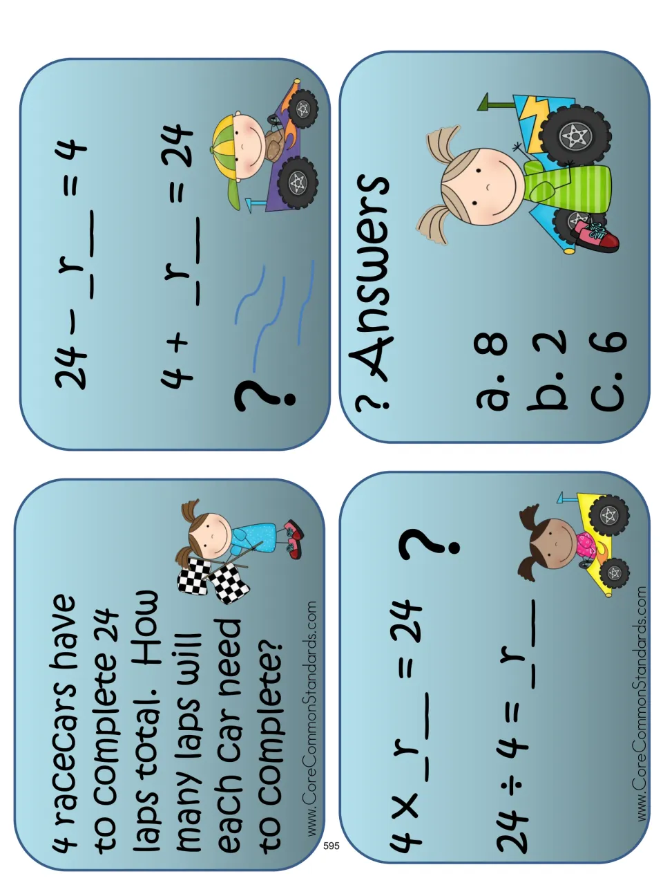 Four racecar problem cards include 24 laps shared by 4 cars, equation choices, and answer options 8, 2, and 6