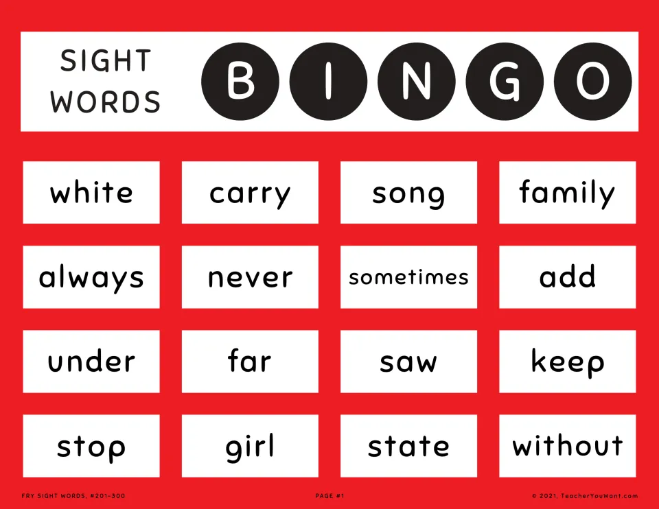 Sight word bingo card 1 (Fry #201-300): students mark called words like white, carry, family, always, sometimes and stop