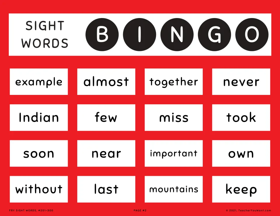 Sight word bingo card 2, red: players listen and cover words like example, almost, together, Indian, important, mountains