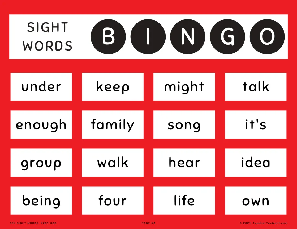 Fry sight word bingo card 3: students find and mark heard words, including under, might, talk, enough, it's, idea and life