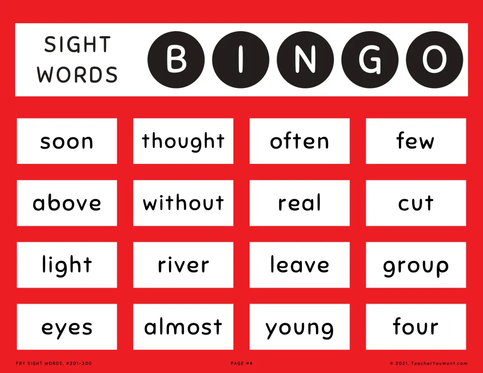 Bingo card 4 for Fry words 201-300: learners cover read-aloud words like soon, thought, often, above, eyes and young