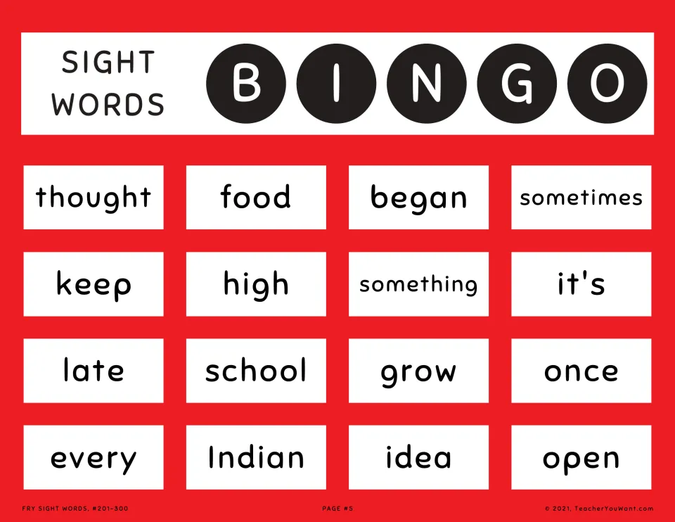 Sight word bingo card 5: students recognize and mark called words like food, began, something, school, every and open