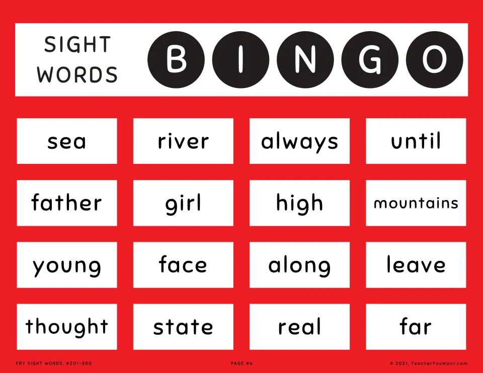 Red bingo card 6 of Fry sight words: players spot and cover sea, river, until, father, girl, face, along, state and far