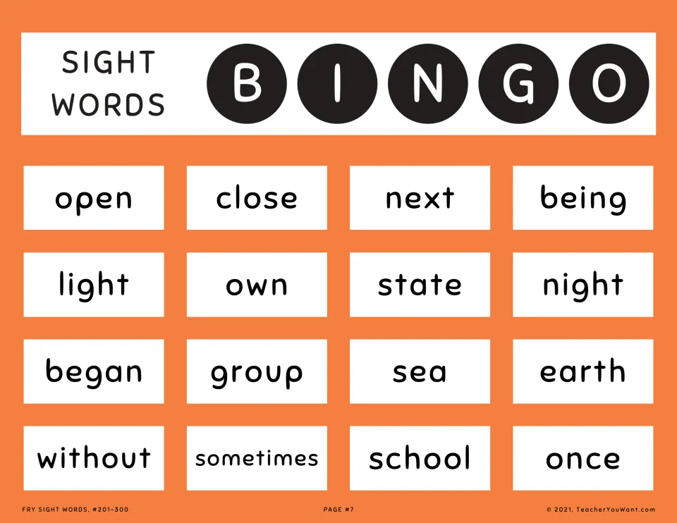 Orange sight word bingo card 7: students mark each word they hear, like open, close, next, night, earth, without and once