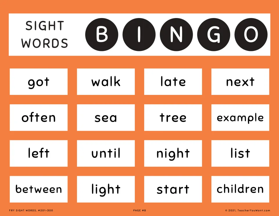 Bingo card 8, Fry words #201-300: learners match spoken words to printed ones like got, walk, tree, between and children