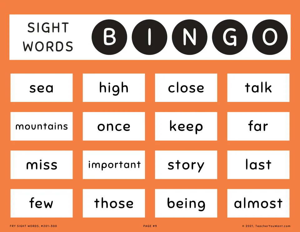 Sight word bingo card 9 in orange: players cover called words including high, mountains, miss, story, those and almost