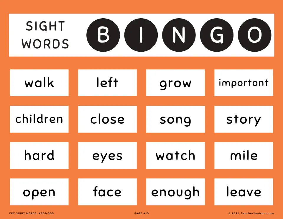 Fry sight word bingo card 10: students listen for and mark words like grow, children, story, hard, watch, mile and enough