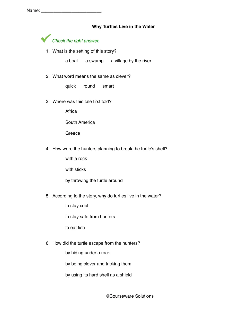 Why Turtles Live in the Water quiz: students check the right answer on 6 questions about setting, vocabulary and the escape