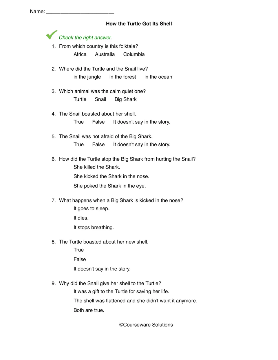 How the Turtle Got Its Shell quiz: students check answers to 9 questions, including true/false/doesn't say items