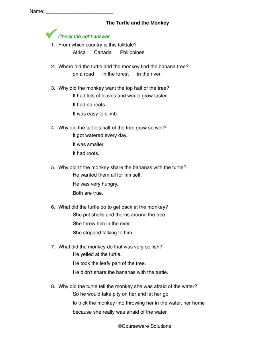 The Turtle and the Monkey quiz: students check answers to 8 questions on character motives and the turtle's trick