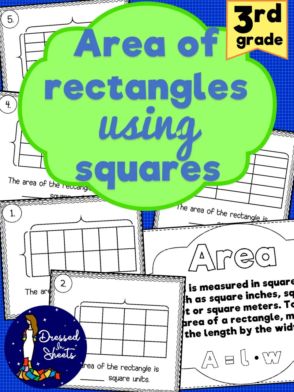 Cover for 3rd grade Area of Rectangles Using Squares, previewing numbered task cards and an Area poster with A = l · w