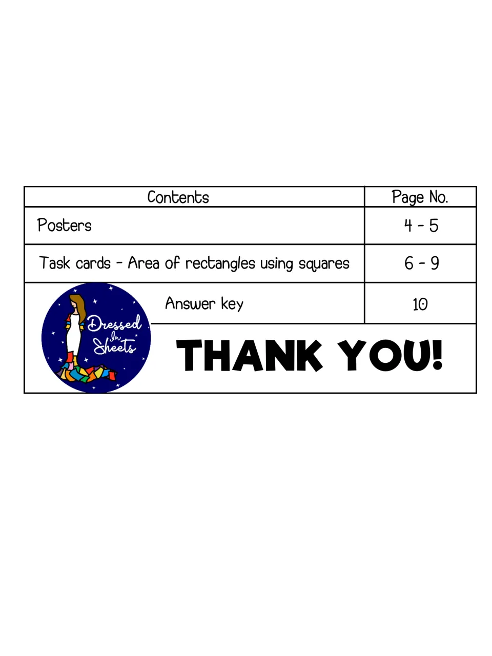 Table of contents listing posters on pages 4-5, area task cards on pages 6-9 and the answer key on page 10