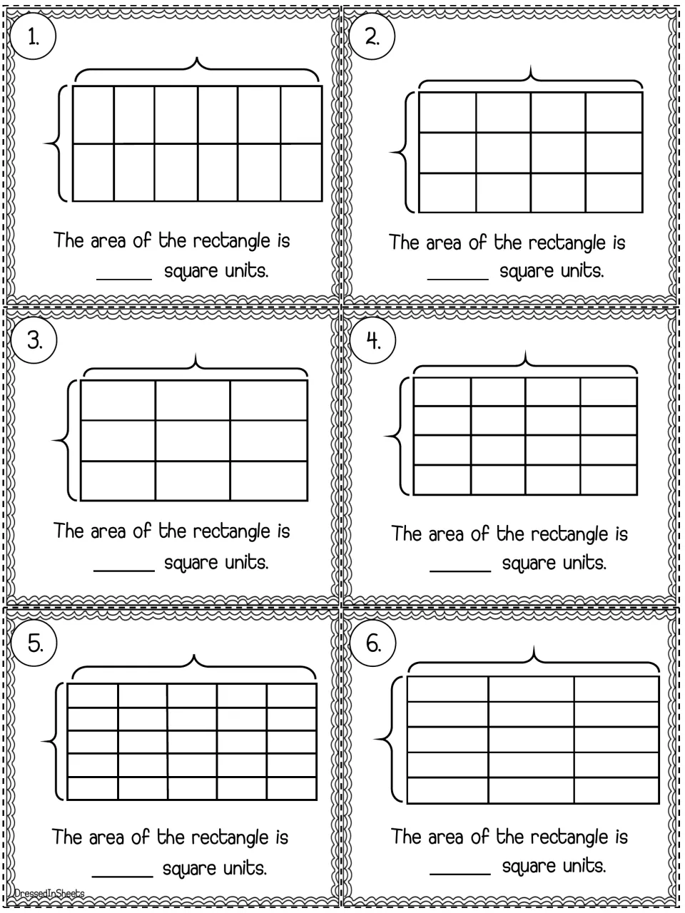 Area task cards 1-6: students count the unit squares in each rectangle and write its area in square units