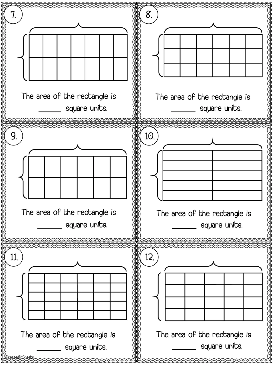 Area task cards 7-12: rectangles of 2 to 5 rows of unit squares; students find each area and fill in the blank
