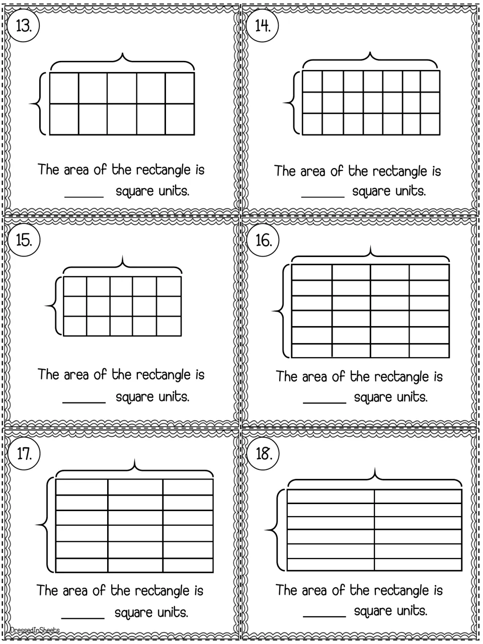 Area task cards 13-18: students find the area of each tiled rectangle by counting squares or multiplying rows by columns