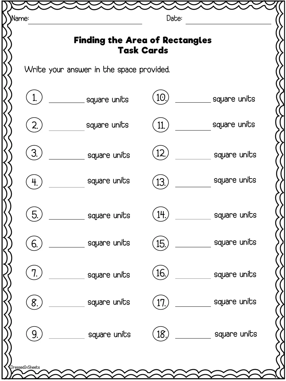 Finding the Area of Rectangles Task Cards recording sheet: students write each card's answer in square units for 1-18