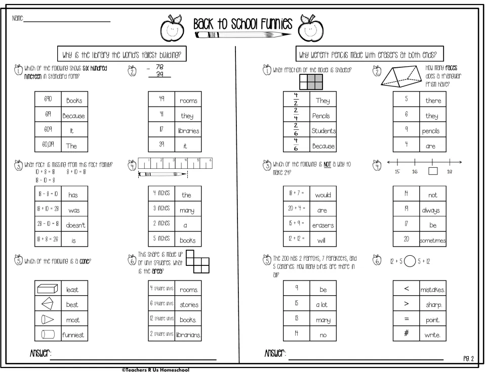 Math riddles 3–4: why the library is the tallest building and why pencils lack erasers at both ends.