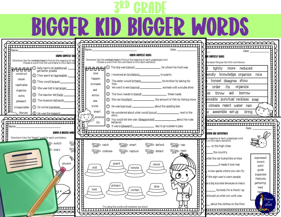 3rd Grade Bigger Kid Bigger Words cover showing context clue, synonym circling and color-the-bigger-word vocabulary pages