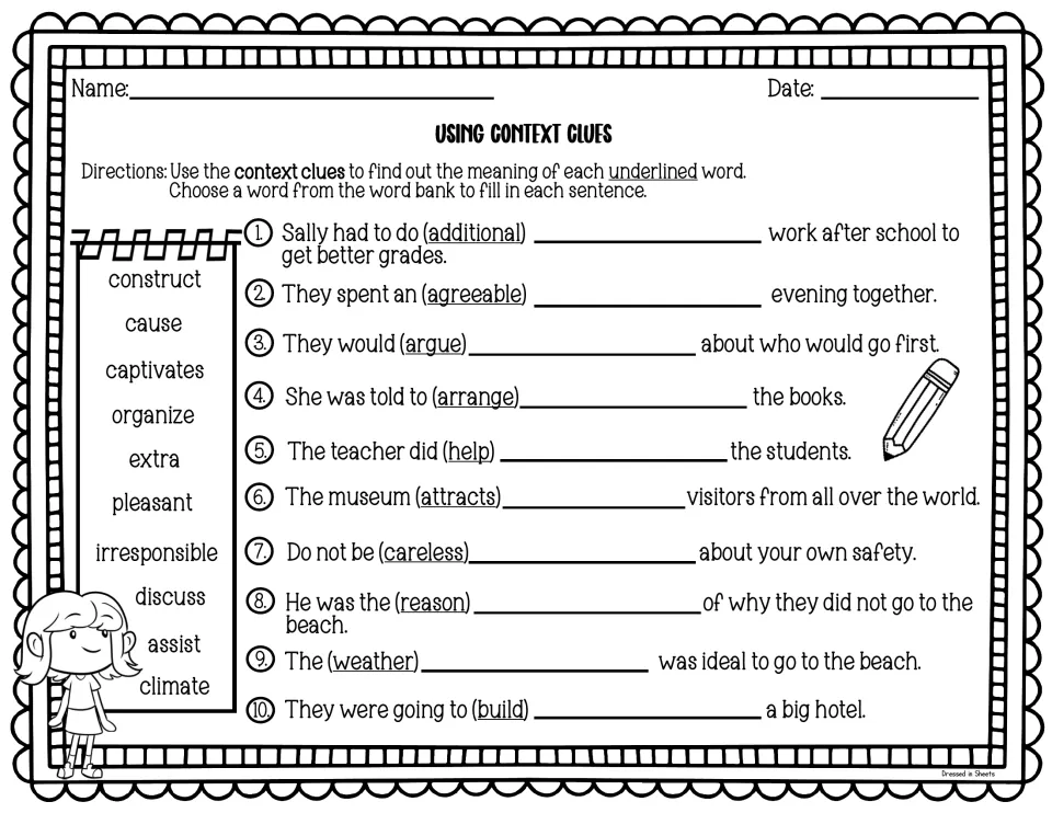Using context clues: students replace 10 underlined words like additional and argue with synonyms such as extra and discuss