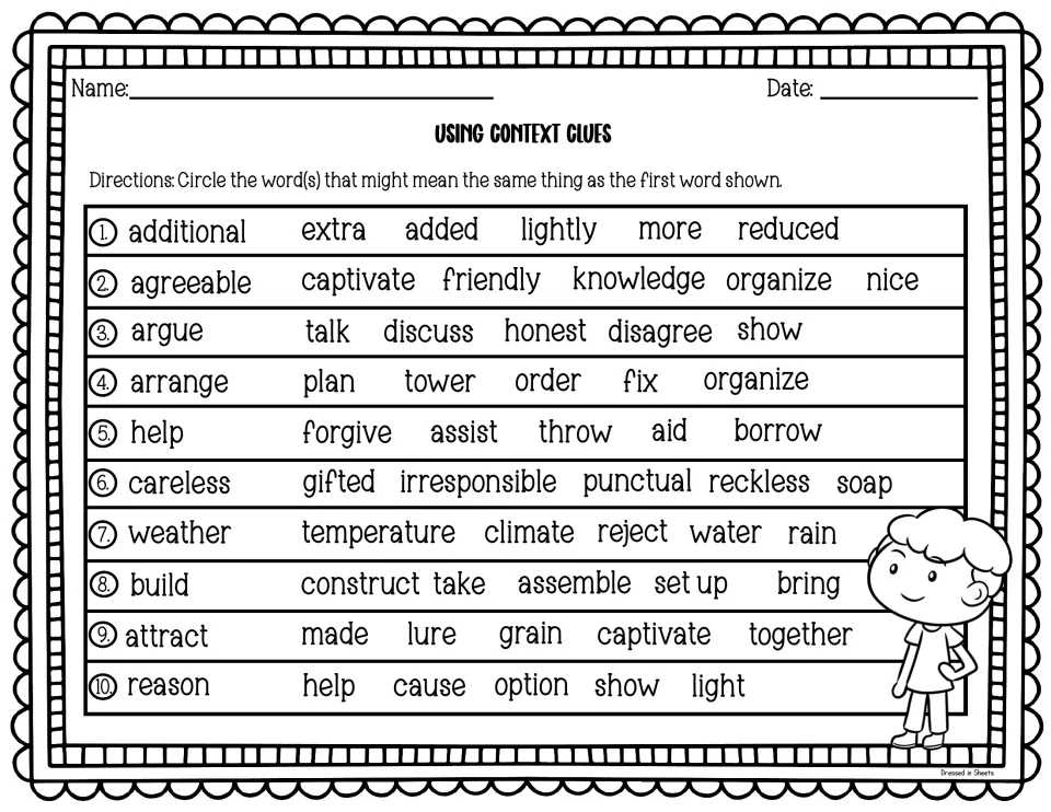 Context clues synonym hunt: students circle words meaning the same as additional, argue, help, build and 6 more words