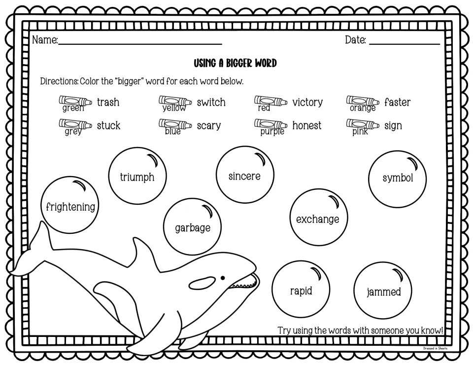 Using a bigger word: students color bubble words like triumph and garbage to match simpler words like victory and trash