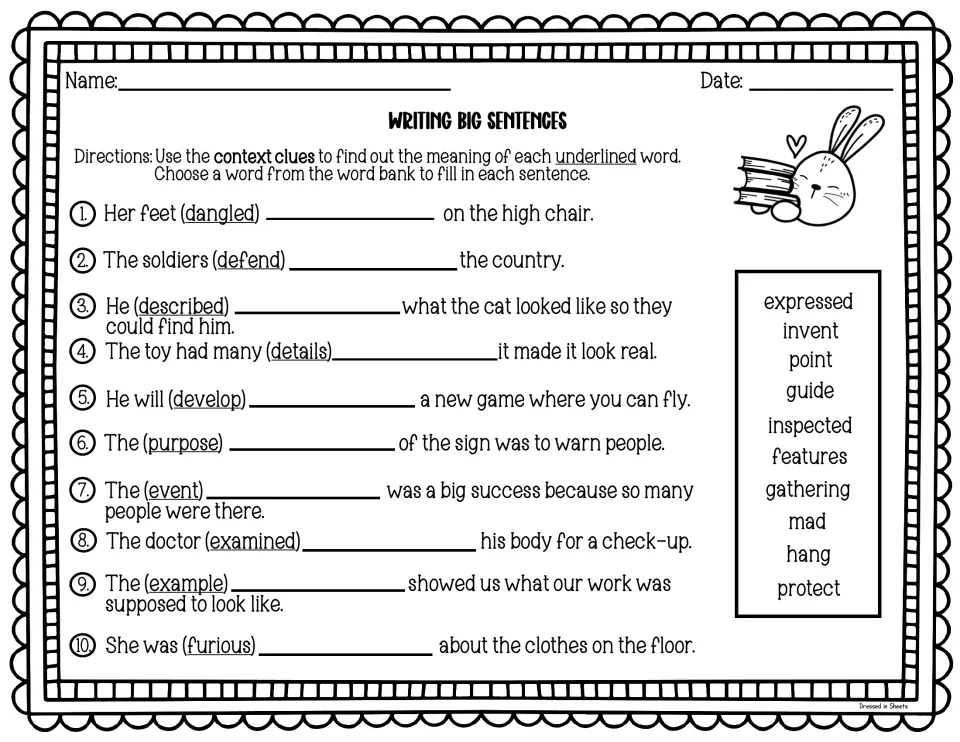 Writing big sentences: students use context clues to swap underlined words like dangled and furious for hang and mad