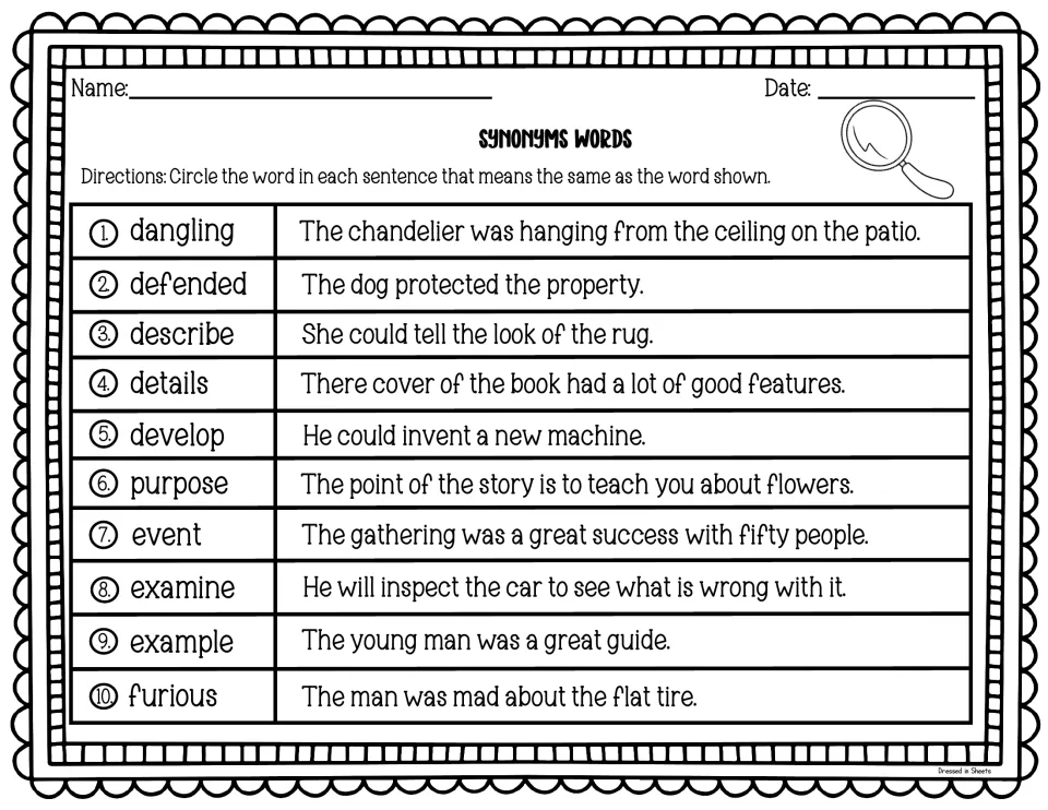 Synonyms words: students circle the word in each sentence meaning the same as dangling, examine, furious and 7 other words