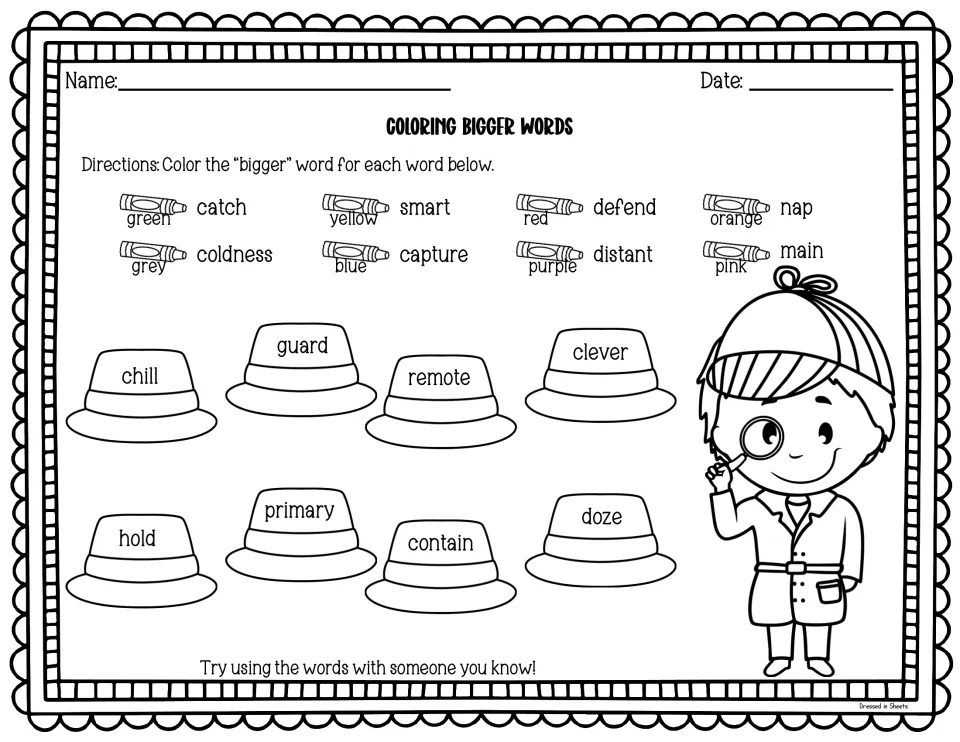 Coloring bigger words: students color hats like guard, clever and doze to match defend, smart, nap and 5 other words