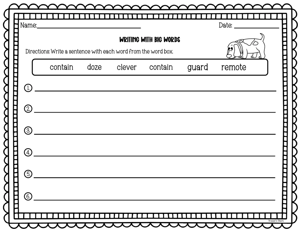 Writing with big words: students write 6 sentences using word box words contain, doze, clever, guard and remote