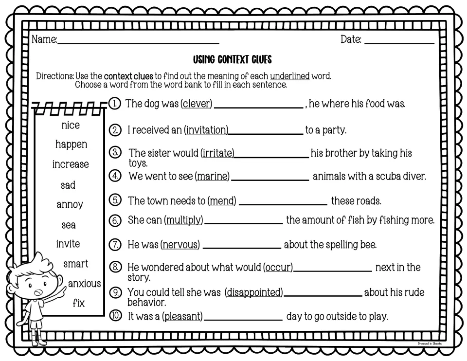Context clues fill-in: students swap underlined words like clever, irritate and nervous for smart, annoy and anxious