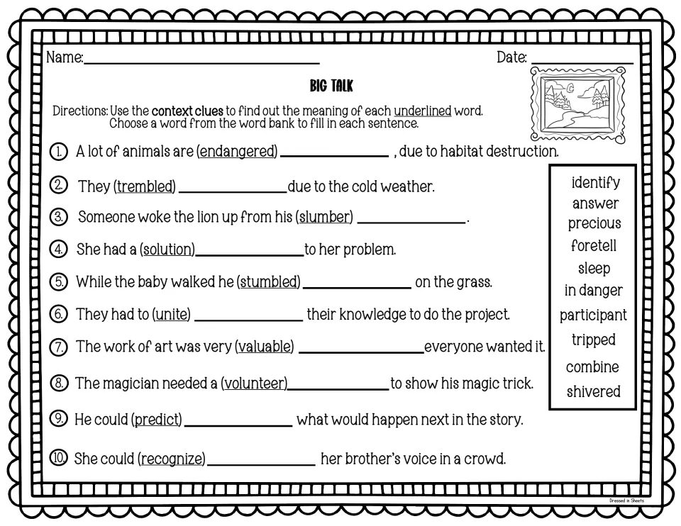 Big talk: students use context clues to swap words like endangered, slumber and predict for in danger, sleep and foretell