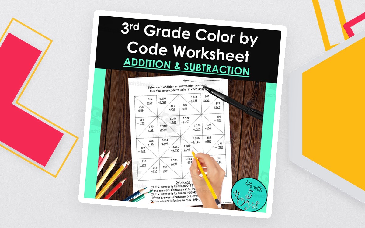3rd Grade Color by Code Math Worksheet - Addition and Subtraction preview
