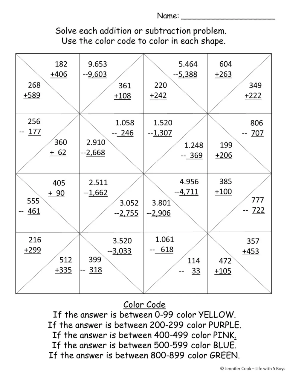 Color by code addition and subtraction: students solve 32 multi-digit problems and color each shape by its answer range