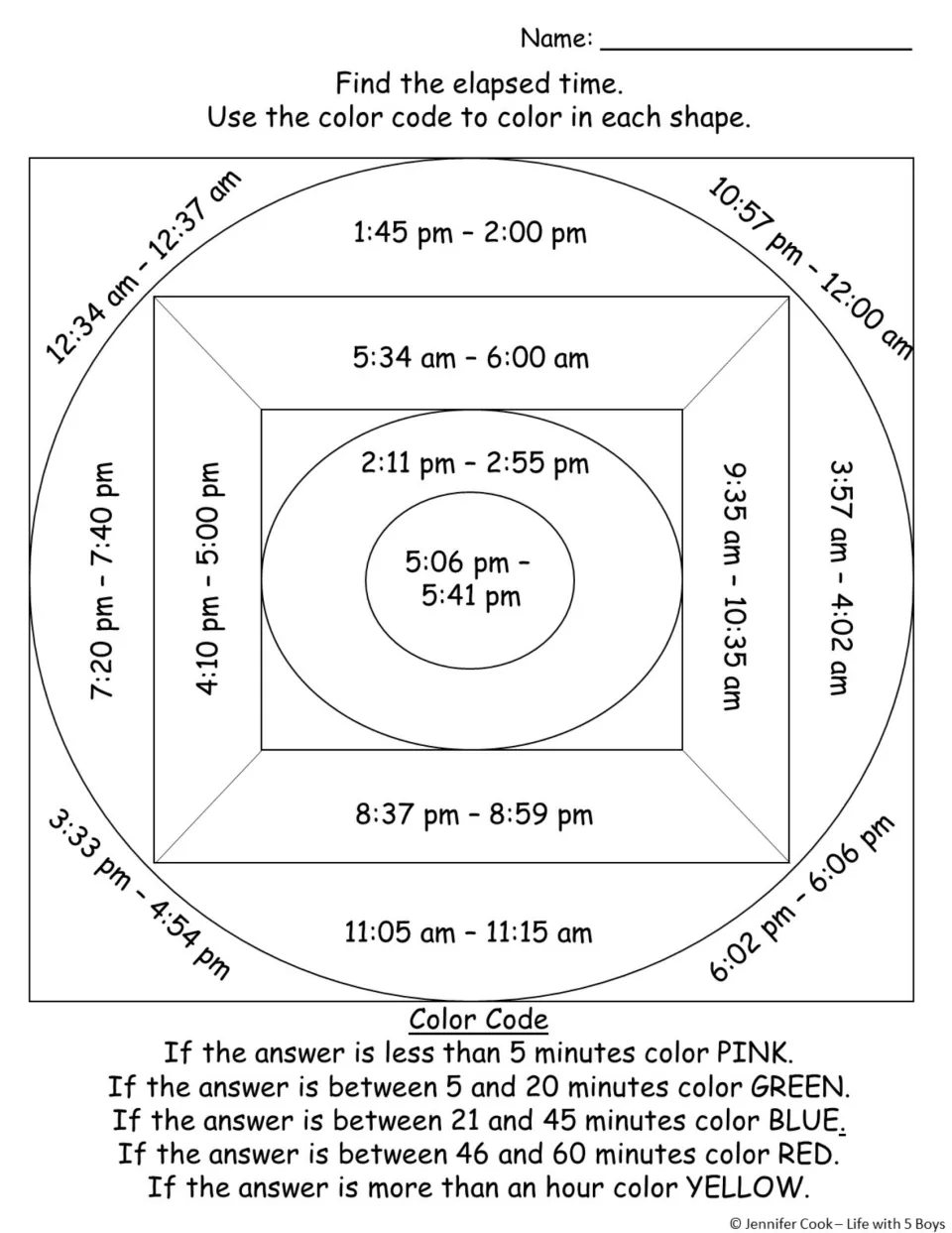 Elapsed time color by code: students find the time between 14 pairs of times, then color each shape by the minutes