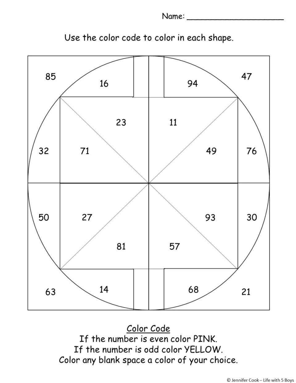 Even and odd color-by-code practice: color 20 numbered shapes pink for even numbers and yellow for odd numbers.