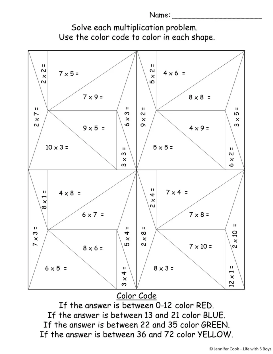 Multiplication color by code: students solve facts like 7 x 9 and 4 x 6, then color each shape red, blue, green or yellow