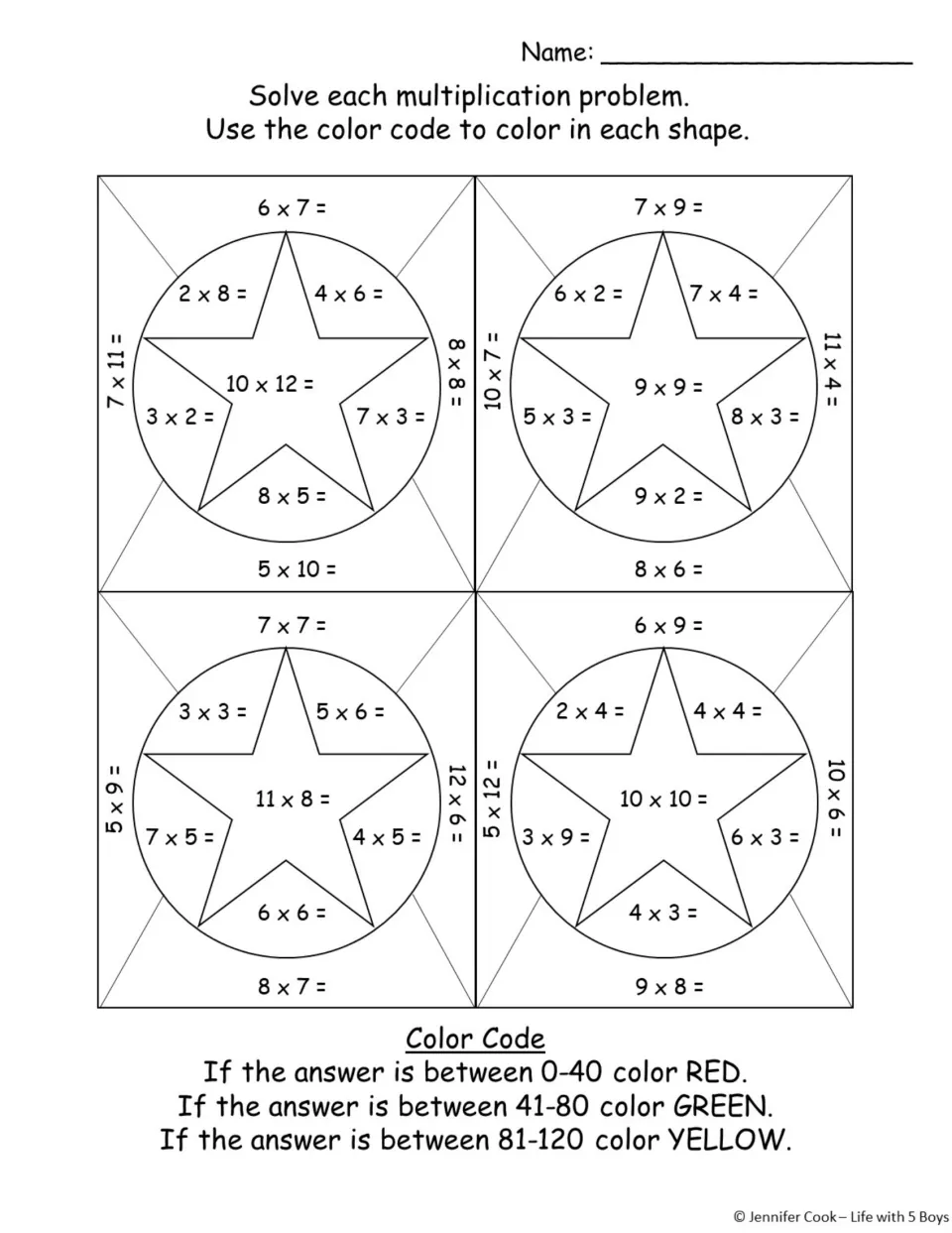 Multiplication color-by-code practice: 40 problems in four star designs, using red, green, and yellow.