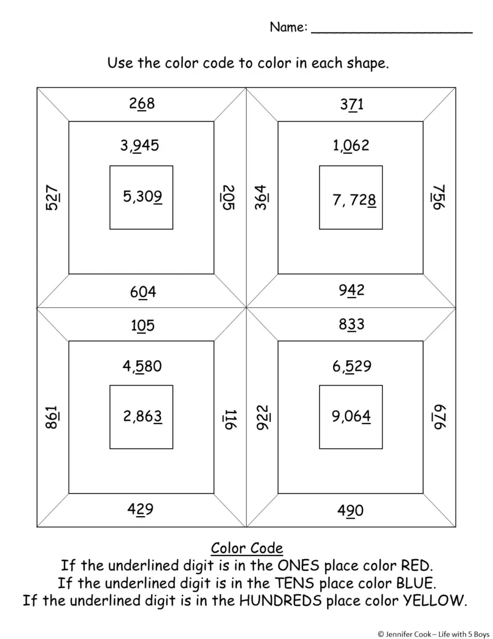 Place value color by code: students name the place of each underlined digit and color ones red, tens blue, hundreds yellow