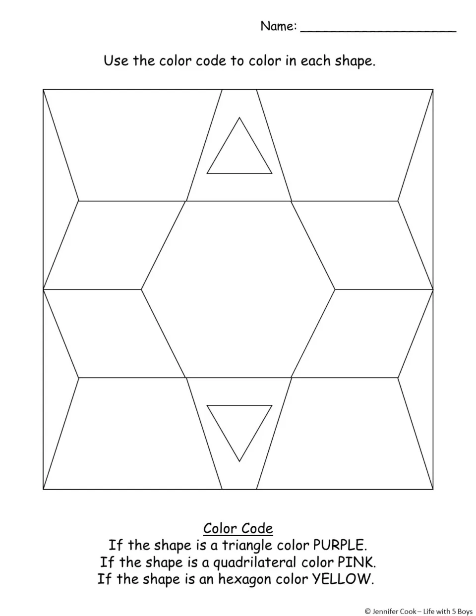Polygon coloring activity: color triangles purple, quadrilaterals pink, and the central hexagon yellow.